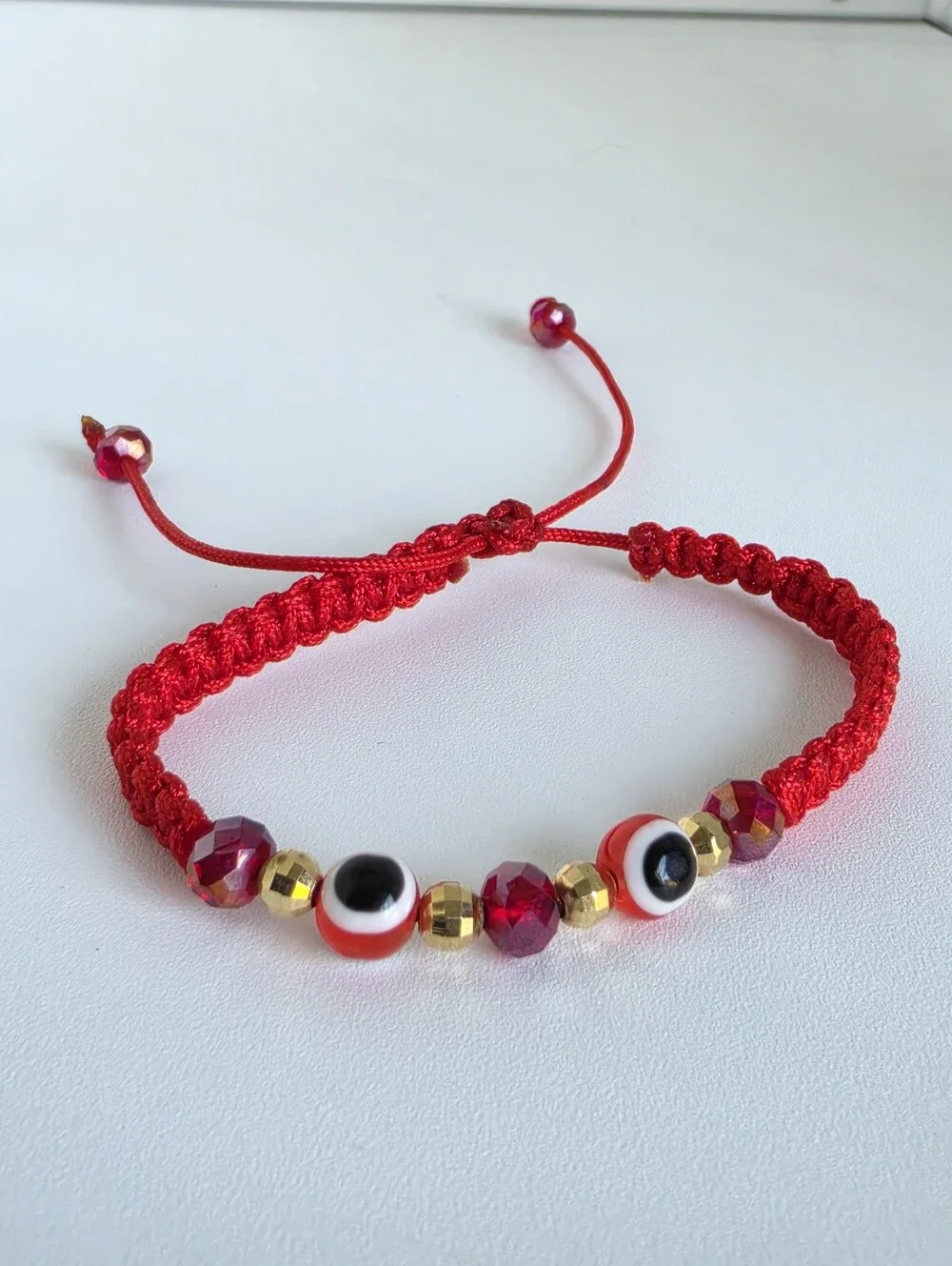 Handmade Red Evil Eye Adjustable Macrame Bracelet Gold Beads Protection Lucky